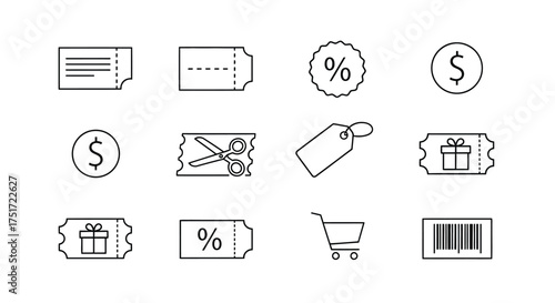 Collection of hand drawn outline icons representing shopping discounts promotions and barcodes vector