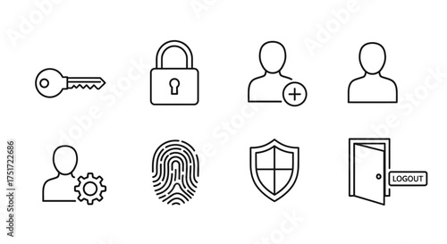 Collection of security and access icons key lock user fingerprint shield door access control vector