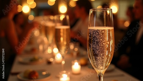 At a lavish Christmas corporate event, the sound of champagne glasses clinking fills the air. Amidst the festive atmosphere, the focus is on a sparkling crystal glass adorned with intricate gold accen