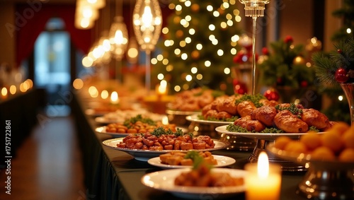 At a festive corporate gathering, a meticulously arranged Christmas buffet awaits guests at elegantly decorated tables aglow with twinkling lights