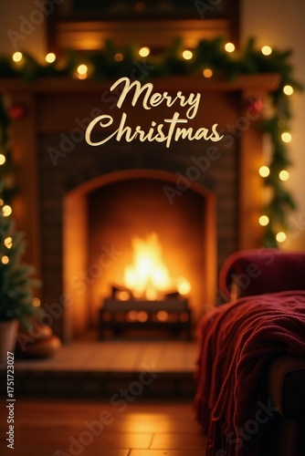 Cozy Christmas card with a warm fireplace background that is softly blurred