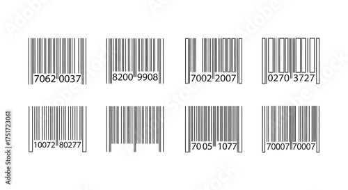 Collection of eight barcodes with numbers representing product identification for retail and commerce vector