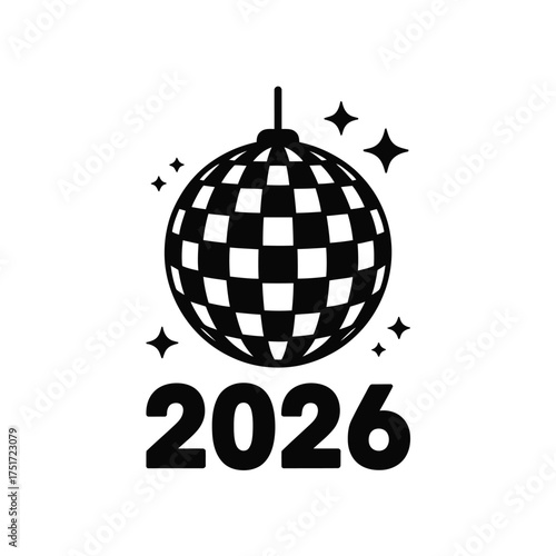 A disco ball shines brightly with stars and the year 2026 below it.
