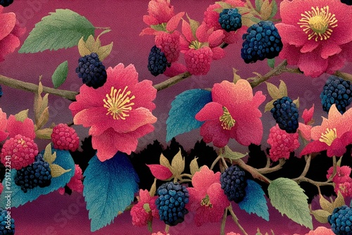 Whimsical blackberry and bramble decorative border hand-painted watercolor texture ethereal twilight color palette fantasy-inspired seamless pattern background