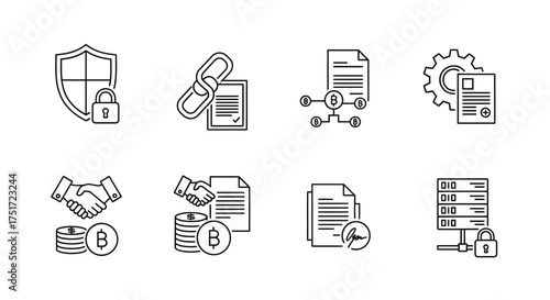Set of digital security and financial technology icons for data protection and online transactions vector