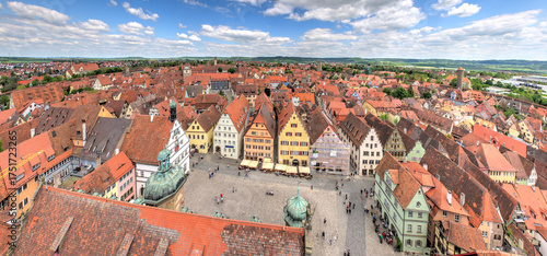 Panoramafoto mit Übersicht über die historische Altstadt von Rothenburg ob der Tauber mit Dächern der Wohnhäuser, dem Marktplatz und engen, verwinkelten Gassen