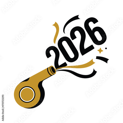 A golden whistle blows out the year 2026 with celebratory confetti and streamers.