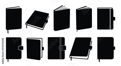 Collection of silhouette notebooks and journals with elastic bands and bookmarks vector