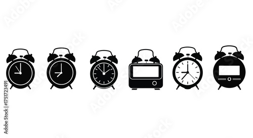 Retro alarm clocks collection silhouette icons set for time management and vintage design concepts vector