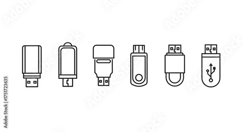Collection of simple outline style usb flash drives isolated on vector