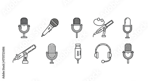 Collection of diverse microphone icons hand-drawn style for audio broadcasting and recording purposes vector