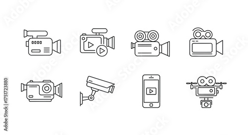Collection of diverse camera icons representing various video recording devices for multimedia projects vector