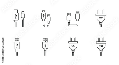 Set of hand drawn usb and power plugs simple line art icons for digital technology vector