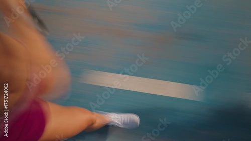 Dynamic close-up of a woman's legs in motion, running on a wet park trail. Captured with a slow shutter for motion blur effect. High quality 4k footage