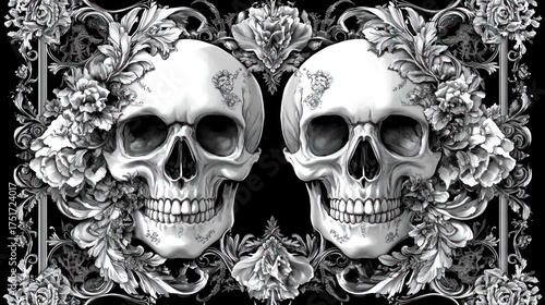 Ornate Skull Portrait, Floral Frame, Decorative Background.  Possible Use  Wall art, fabric, home d?cor