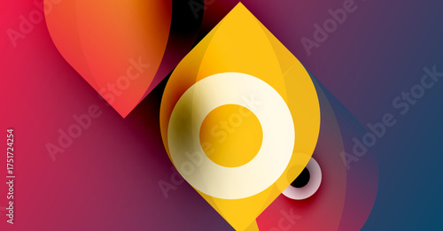 Abstract design features vibrant overlapping shapes. Yellow, orange, purple hues create dynamic visual impact. Modern, minimalist aesthetic.