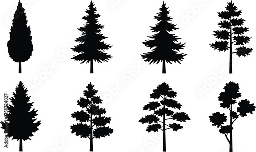 Black tree silhouettes of eight different shapes showing unique branching patterns, canopy structures, foliage density, natural design, forest, ecology, landscape illustration