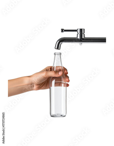 Hand holding a blank clear glass bottle under a minimalist silver tap, representing a refill station , isolated on transparent background, png