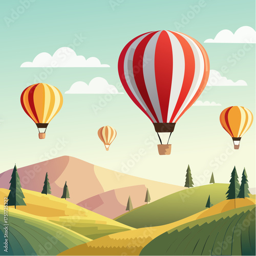 Hot air balloons float over rolling hills on a beautiful afternoon