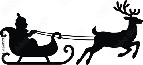 Santa Claus riding in a sleigh pulled by a reindeer silhouette against a white background.