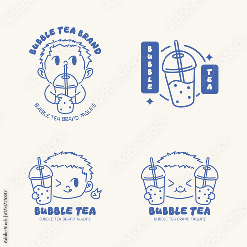 Modern bubble tea logo set featuring a cute boy character sipping boba drinks. Blue monoline illustration for trendy beverage branding and tea shop identity.
