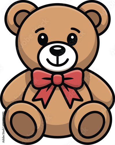 A cute cartoon teddy bear wearing a red bow sits patiently
