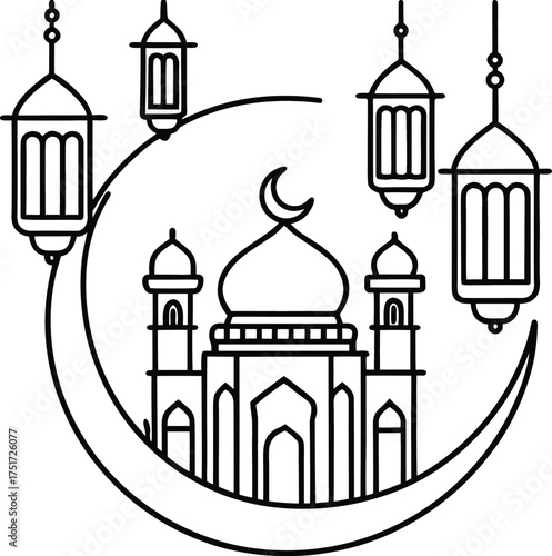 Islamic festival greeting vector with crescent moon and lanterns