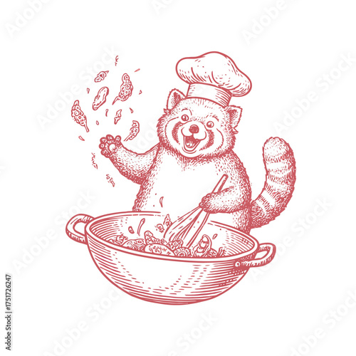Red panda chef cooking with a whisk in a bowl wearing a chef hat and tossing food in the air sketch vector illustration