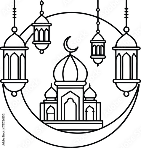 Islamic festival greeting vector with crescent moon and lanterns