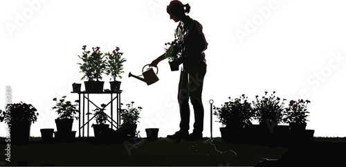 Silhouette of person watering potted plants in garden with dark foliage vector