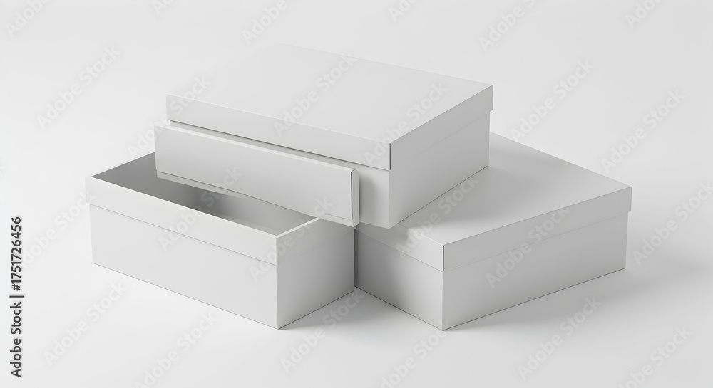 Naklejka premium Stack of three white square gift boxes, neatly arranged on a clean white background, perfect for presentations.