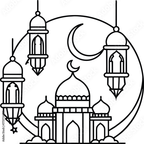 Islamic festival greeting vector with crescent moon and lanterns