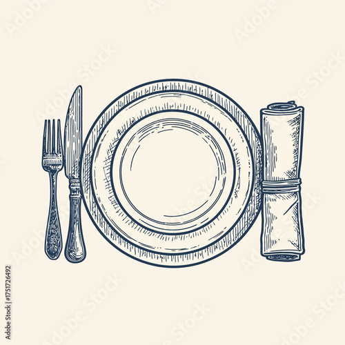 Illustration of a place setting with plate, fork, knife and napkin in a sketch style drawing art vector illustration