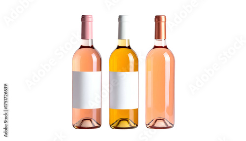 Three bottles of wine with differing colors, blank labels, against a black background