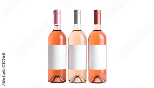 Three glass bottles of ros? wine with blank labels against a black background