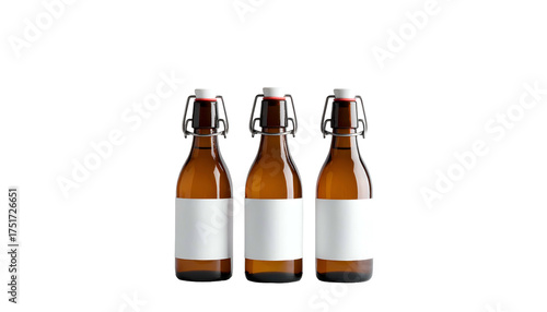 Three brown bottles with white labels and swing top closures on a black background