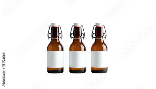 Three small brown glass bottles with white labels and hinged closures, against black