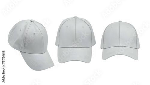 Three plain white baseball caps in various perspectives, isolated on a transparent background