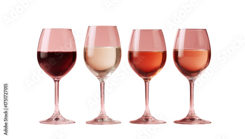 Four wine glasses, each filled with a different colored wine.  Red, white, and ros? wines are shown, with a slight effervescence visible in each glass.  Glasses are clear, with typical stemware design
