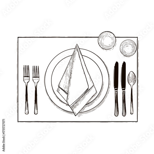 Illustration of a formal place setting with plate napkin silverware and glasses on a rectangular mat vector illustration