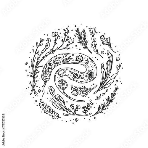 Botanical illustration of various plants and herbs arranged in a circular design with a central spiral vector illustration