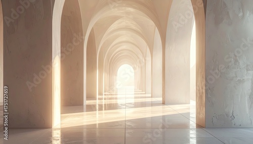 Elegant Light Filled Architectural Corridor with Arched Ceilings and Sunlight Streaming Through
