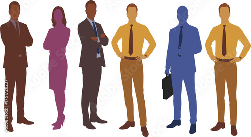 Colorful business silhouettes of professionals in corporate attire standing confidently, teamwork, leadership, diversity, office communication, collaboration, strategy, modern workplace illustration