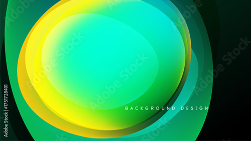 Abstract vibrant layers create flowing circular design. Green, yellow hues blend against dark backdrop. Modern aesthetic.