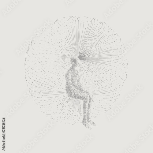 A seated figure surrounded by radiating lines in a light monochromatic artwork illustration style image vector illustration