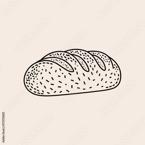 Loaf of bread with seeds and crusty top in black and white outline on a light beige background vector illustration