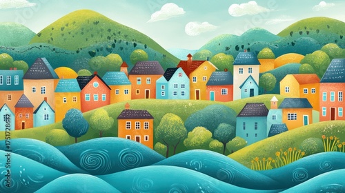Colorful hillside village, serene landscape, idyllic scene, children's book cover