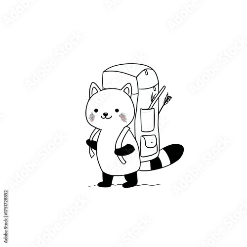 A cute raccoon with a backpack and striped tail standing on a white background in a line drawing style vector illustration