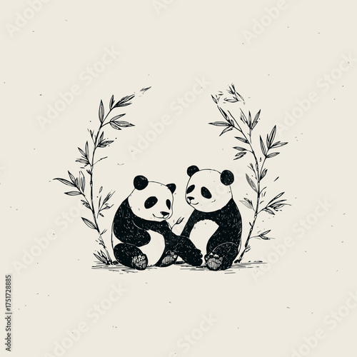 Two pandas sitting together surrounded by bamboo plants in a sketch style illustration art piece vector illustration