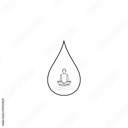 Person meditating in lotus position inside a teardrop shape with concentric circles below them in black and white vector illustration